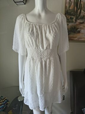 Justify White Swiss Dot Maxi Dress with Smocked Waist